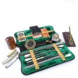 A mixed group of items, including a leather sewing case, a Hastings Mauchline Ware perfume bottle,