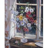 David Hyde (born 1929) oil on board, still life spring flowers, 14" x 11.5", framed