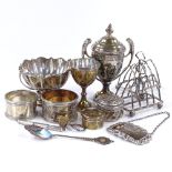 Various silverware, including pair of toast racks, miniature urn etc, 13.6oz weighable