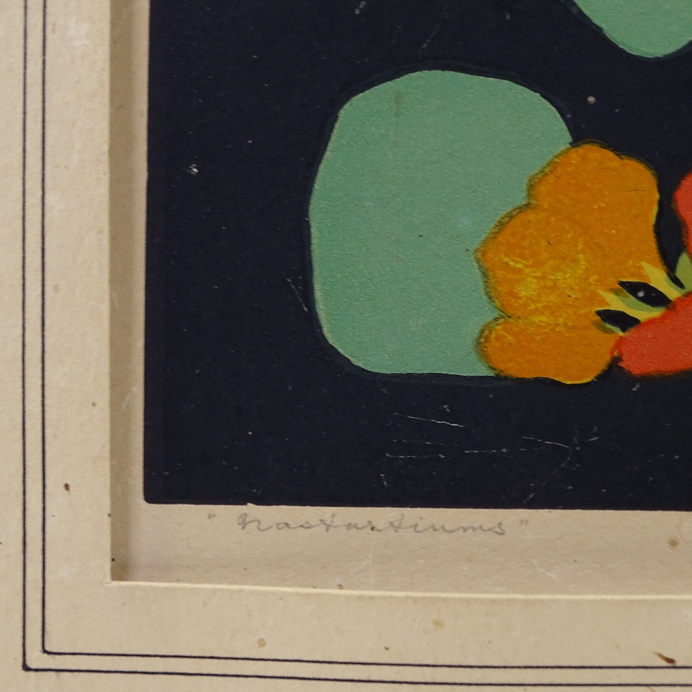 John Paul Thorpe, colour woodcut print, Nasturtiums, signed in pencil, image 9" x 11.5", framed - Image 4 of 4