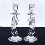A pair of modern Waterford Crystal seahorse design candlesticks, height 29cm, perfect condition