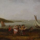 Early 19th century English School, oil on canvas, dancing figures overlooking a bay, 9" x 13",