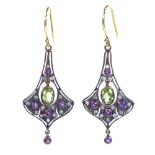A pair of Belle Epoque unmarked gold peridot amethyst and diamond "suffragette" fan earrings, with