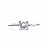 A platinum Princess-cut solitaire diamond ring, diamond approx 0.37ct, setting height 4.8mm, size K,