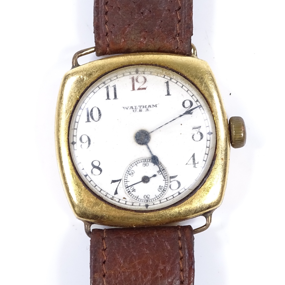 WALTHAM - an 18ct gold cushion-cased mechanical wristwatch, circa 1930s, 7 jewel movement with