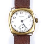 WALTHAM - an 18ct gold cushion-cased mechanical wristwatch, circa 1930s, 7 jewel movement with