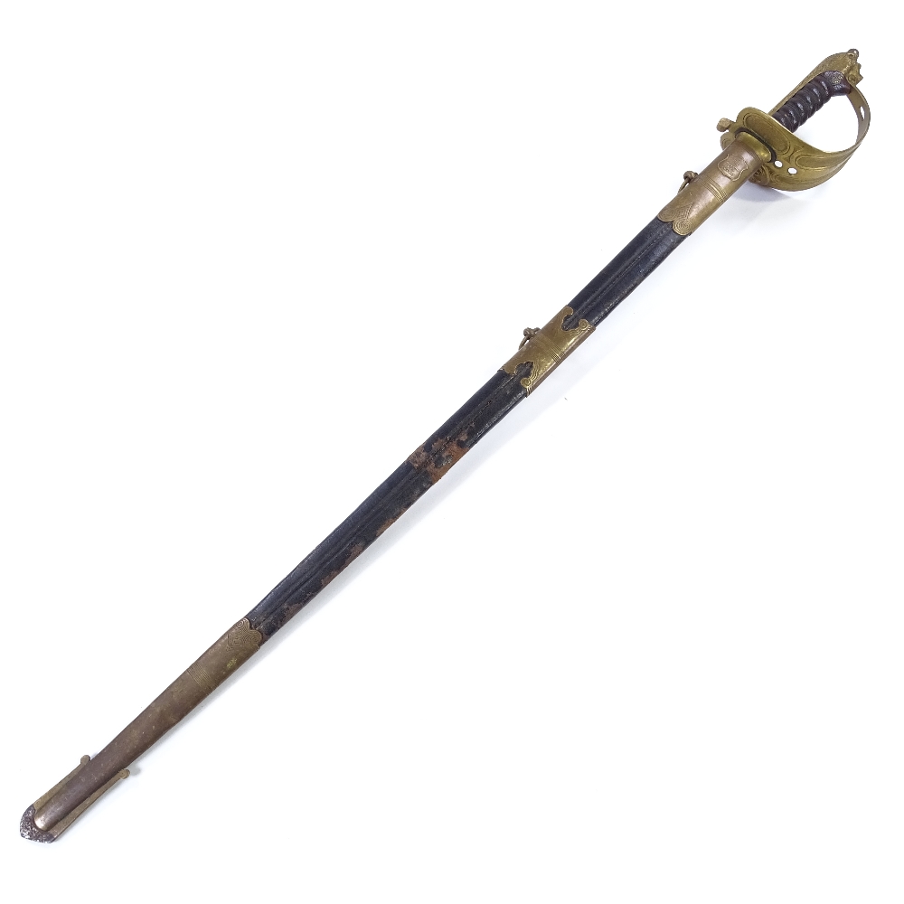 A Navy Officer's sword by Manton & Co, with etched blade, brass bowl hilt with leather grips, and - Image 3 of 3