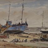 Max Brimmel, watercolour, beached fishing boats, 1964, signed, 10" x 14", framed