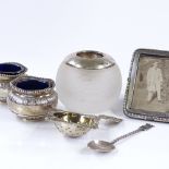 Various silverware, including match striker, tea strainer, pair of Victorian salts etc