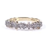 A 9ct gold diamond cluster flowerhead half-hoop ring, total diamond content approx 0.25ct, setting