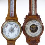 2 carved oak-cased aneroid wall barometers and thermometers