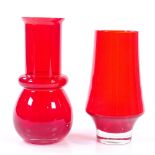 Riihimaki Finland, 2 red glass vases designed by Tamara Aladin 1972, tallest height 20cm