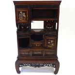 19th century Japanese open display shelves, with relief carved bone and mother-of-pearl panels in