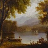 Attributed to T Allom, oil on board, lake scene, unsigned, 18" x 24", framed