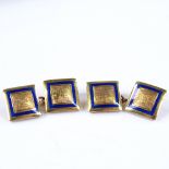 A pair of unmarked gold and blue enamel square cufflinks, with textured central panels, panel length