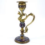 A 19th century gilt-brass and champleve enamel Griffon design candlestick, height 14cm