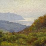 Early 20th century oil on wood panel, extensive coastal view, unsigned, 7" x 14", unframed