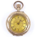 A 14ct gold open-face top-wind fob watch, allover floral engraved case and face, Roman numeral