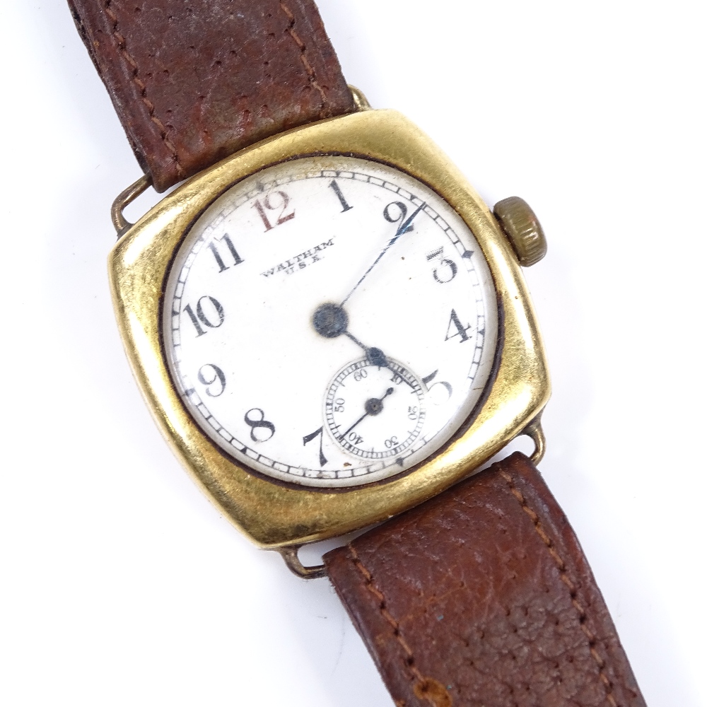 WALTHAM - an 18ct gold cushion-cased mechanical wristwatch, circa 1930s, 7 jewel movement with - Image 5 of 5