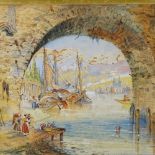 T Warden, watercolour, stone bridge over a river, signed, 10.5" x 12.5", framed