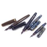 4 Vintage fountain pens, comprising a Burnham No. 5 blue marbled pen with 14ct nib, a Parker Duofold