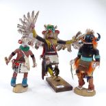 3 Native American Hopi carved and painted wood Tribal figures with feather decoration, largest