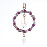 An unmarked gold pearl ruby and diamond circular pendant, with drop fittings, pendant height 37.6mm,