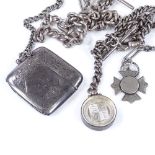 4 silver Albert chains with various fobs, and an attached silver Vesta case (4)