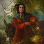 19th century English School, oil on canvas, woman feeding a donkey, 36" x 28", framed