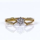 An 18ct gold solitaire diamond ring, with openwork arrowhead shoulders, diamond approx 0.04ct,