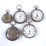 5 silver-cased open-face key-wind pocket watches
