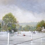 Bryan Hanlon, acrylic on board, just past the barrier Henley Royal Regatta, 8" x 9.5", framed