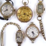 4 Vintage lady's 9ct gold cased wristwatches, together with a 9ct open-face top-wind fob watch, case