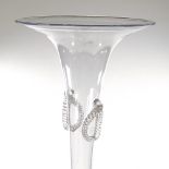 A large hand blown clear glass trumpet-shaped vase, with moulded glass mounts, height 92cm