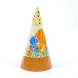 A Clarice Cliff Bizarre Crocus pattern conical sugar shaker, height 14cm