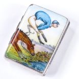 A late Victorian novelty silver and enamel horse racing Vesta case, with comical lid depicting horse