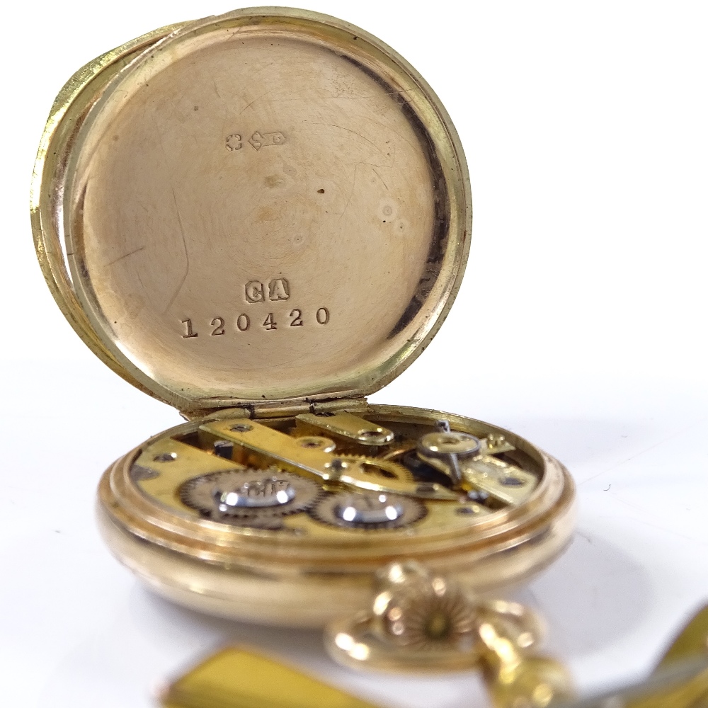 A Continental 12.5ct gold open-face top-wind fob watch, with detailed coloured enamel caseback - Image 3 of 5