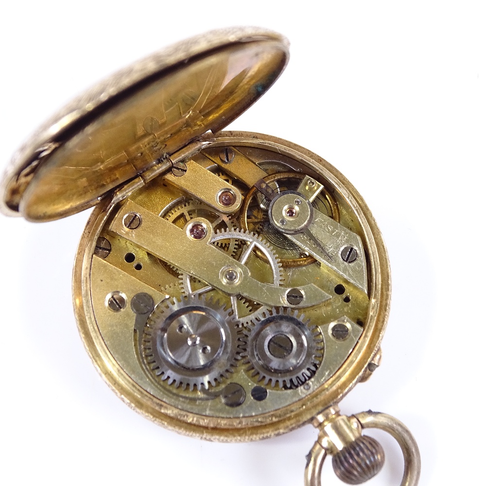 A 14ct gold open-face top-wind fob watch, foliate engraved case and face, with Roman numeral hour - Image 5 of 5