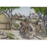 Sam Songo (1929 - 1977), watercolour, village scene, 9" x 13", and G Ndaneta, 2 watercolours, Tribal