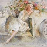 Modern oil on canvas, woman sitting in a car, 20" x 24", in ornate gilt-gesso frame