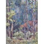 Arthur Pitts (Canadian 1889 - 1972), watercolour, log cabin in woodland, signed and dated 1920, 9.5"