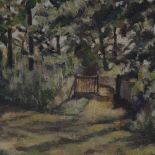 Mid-20th century oil on board, garden gate, original indistinct label verso, 14" x 11.5", framed