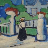 Oil on board, colourist style study, figures in parkland, unsigned, 12.5" x 15", framed