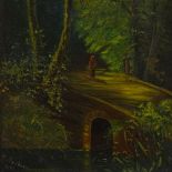 M Milburn, oil on board, figure on a bridge, 1891, 20" x 10", framed