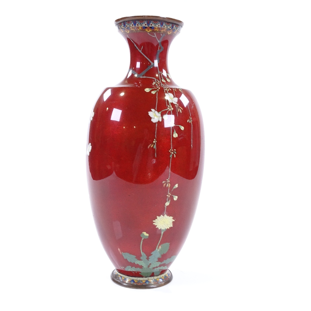A Japanese cloisonne enamel red ground vase, with detailed exotic bird decoration, height 37cm - Image 3 of 3