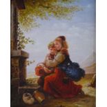 Oil on board, 2 children at a fountain, unsigned, 10" x 7.5", framed