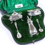 A cased set of Edwardian silver cruets, by Walker & Hall, hallmarks Chester 1907