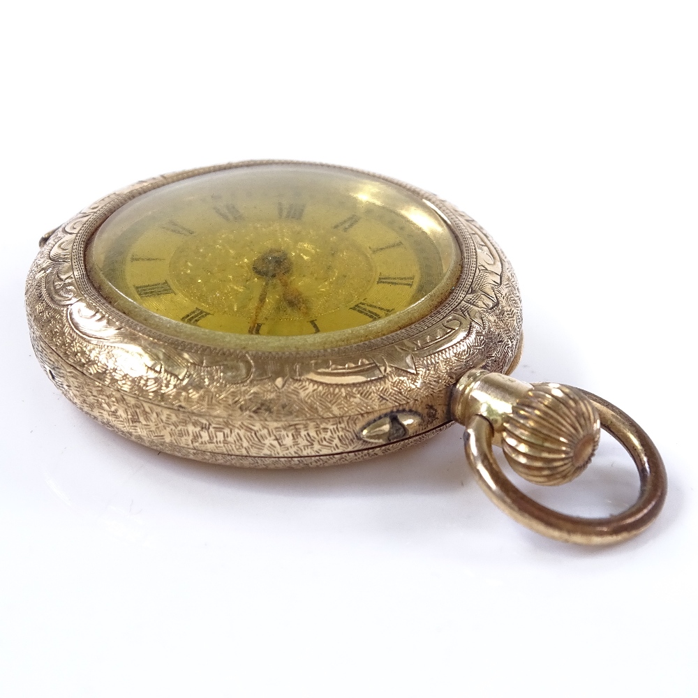 A 14ct gold open-face top-wind fob watch, allover floral engraved case and face, Roman numeral - Image 3 of 5