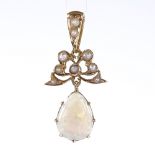 A Victorian opal and split-pearl ribbon drop pendant, with pierced openwork settings, pendant height