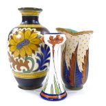 A Gouda Dahlia pattern pottery vase, height 26cm, a Gouda Coronia vase, and an unmarked